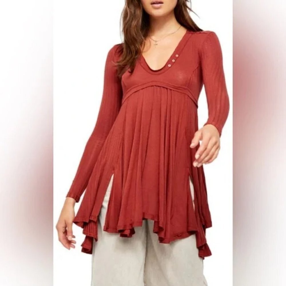 Free People Birdie Henley Top Tunic Brick